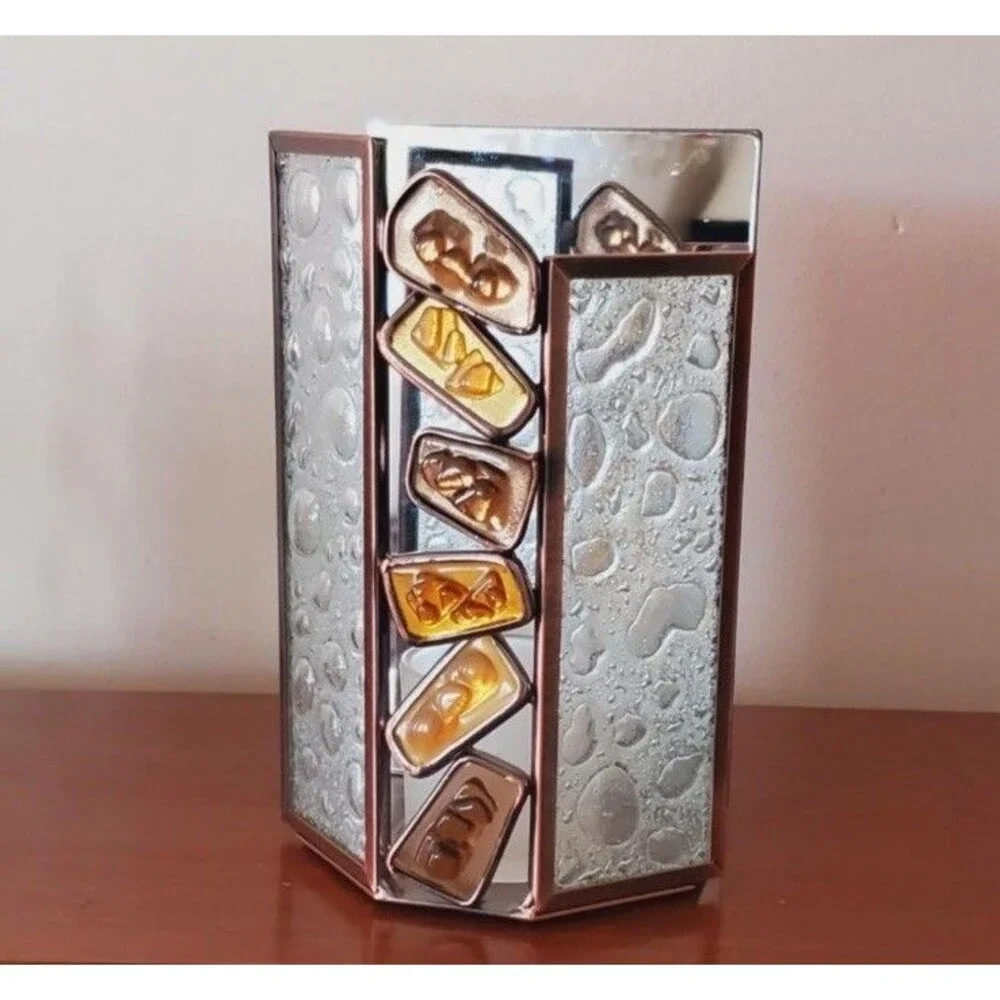 VTG Glass Partylite Candle Holder mosaic Retro Brown Yellow Copper 60s 70s Style